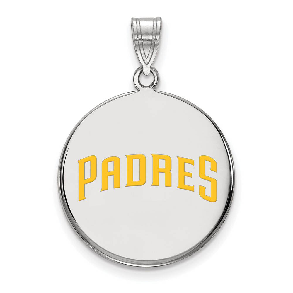 Sterling Silver MLB San Diego Padres LG Enamel Script Disc Pendant, Item P32910 by The Black Bow Jewelry Co.