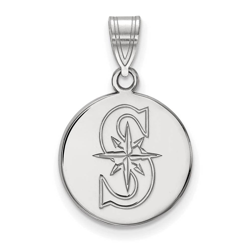 14K White Gold MLB Seattle Mariners Medium Letter S Disc Pendant, Item P33031 by The Black Bow Jewelry Co.