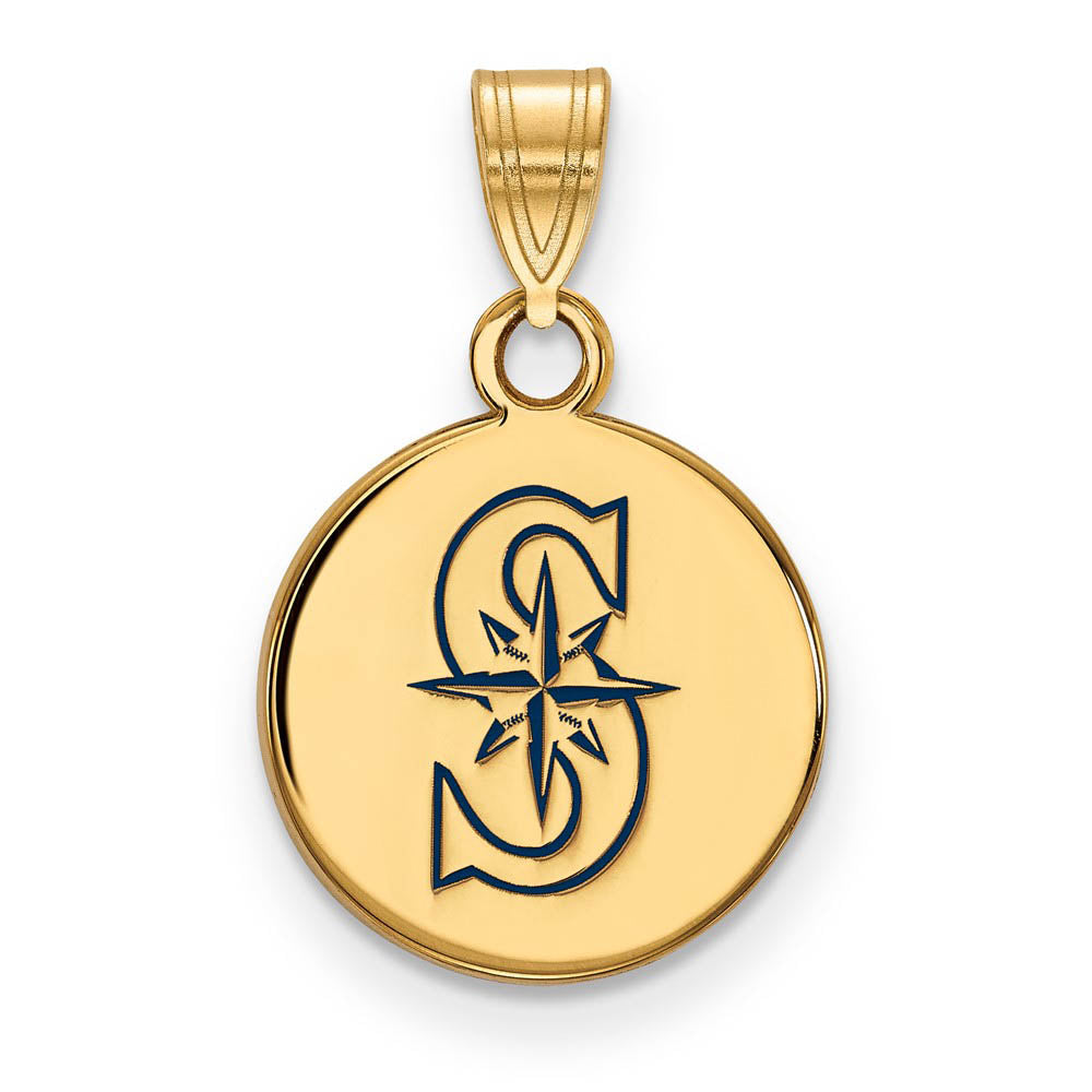14K Gold Plated Silver MLB Seattle Mariners SM Enamel Disc Pendant, Item P33044 by The Black Bow Jewelry Co.