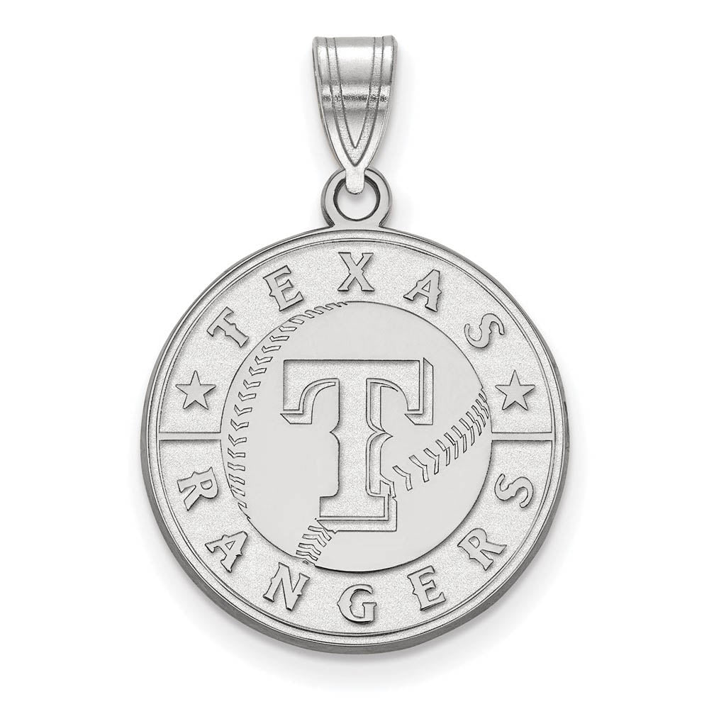 10K White Gold MLB Texas Rangers Large Script Disc Pendant, Item P33235 by The Black Bow Jewelry Co.
