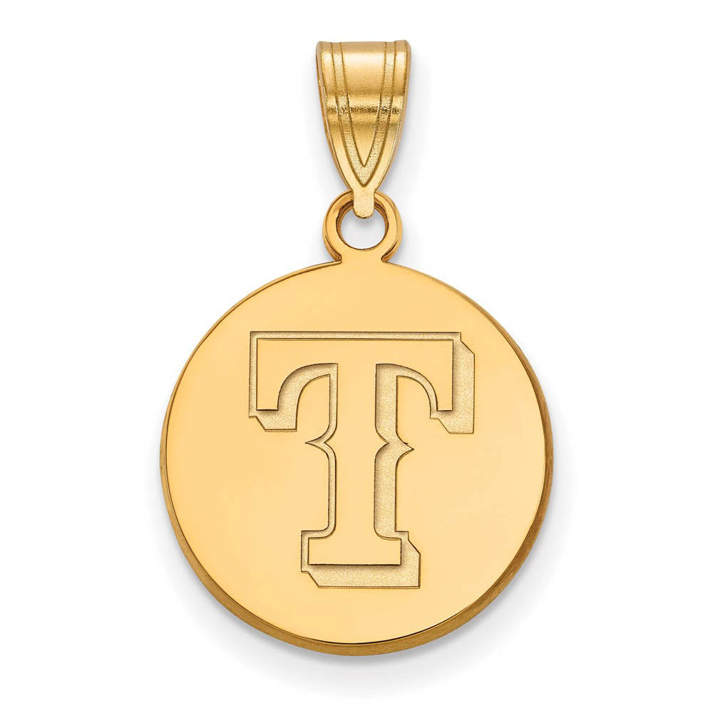 14K Yellow Gold MLB Texas Rangers Medium Letter T Disc Pendant, Item P33264 by The Black Bow Jewelry Co.