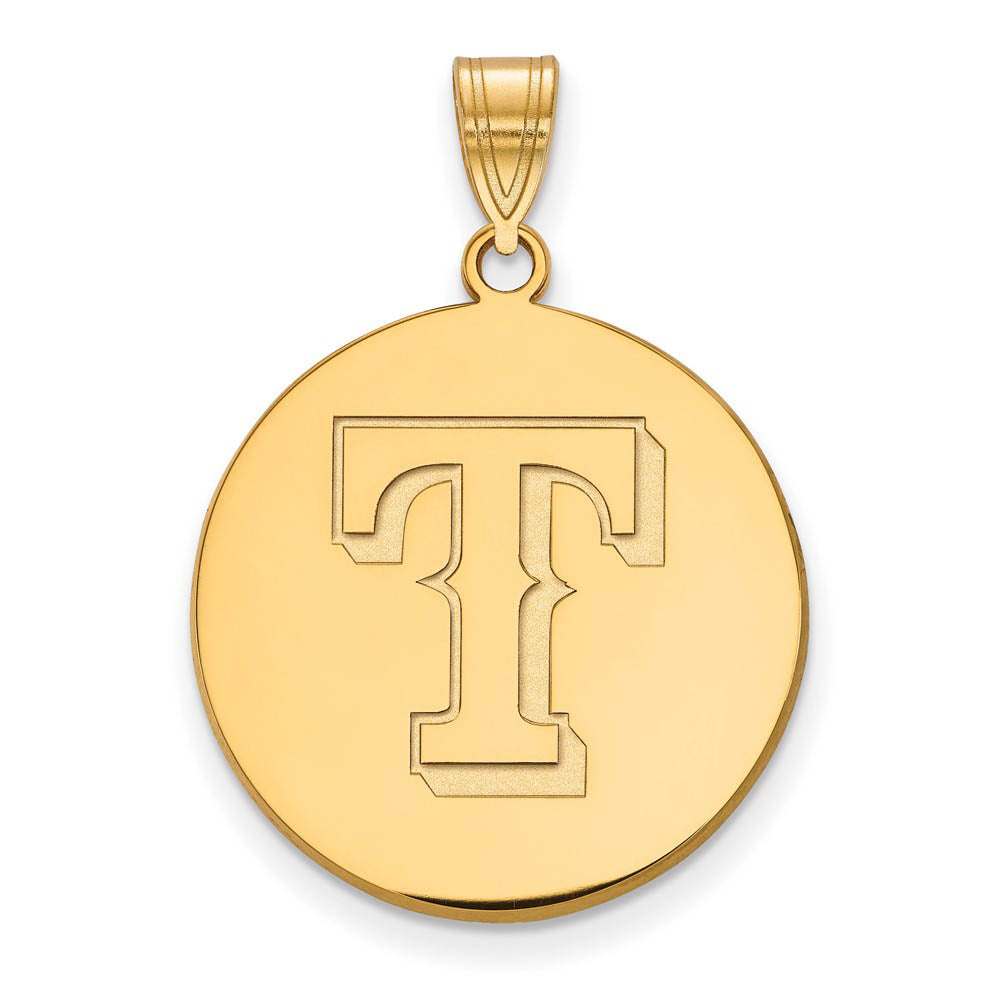 14K Yellow Gold MLB Texas Rangers Large Letter T Disc Pendant, Item P33265 by The Black Bow Jewelry Co.