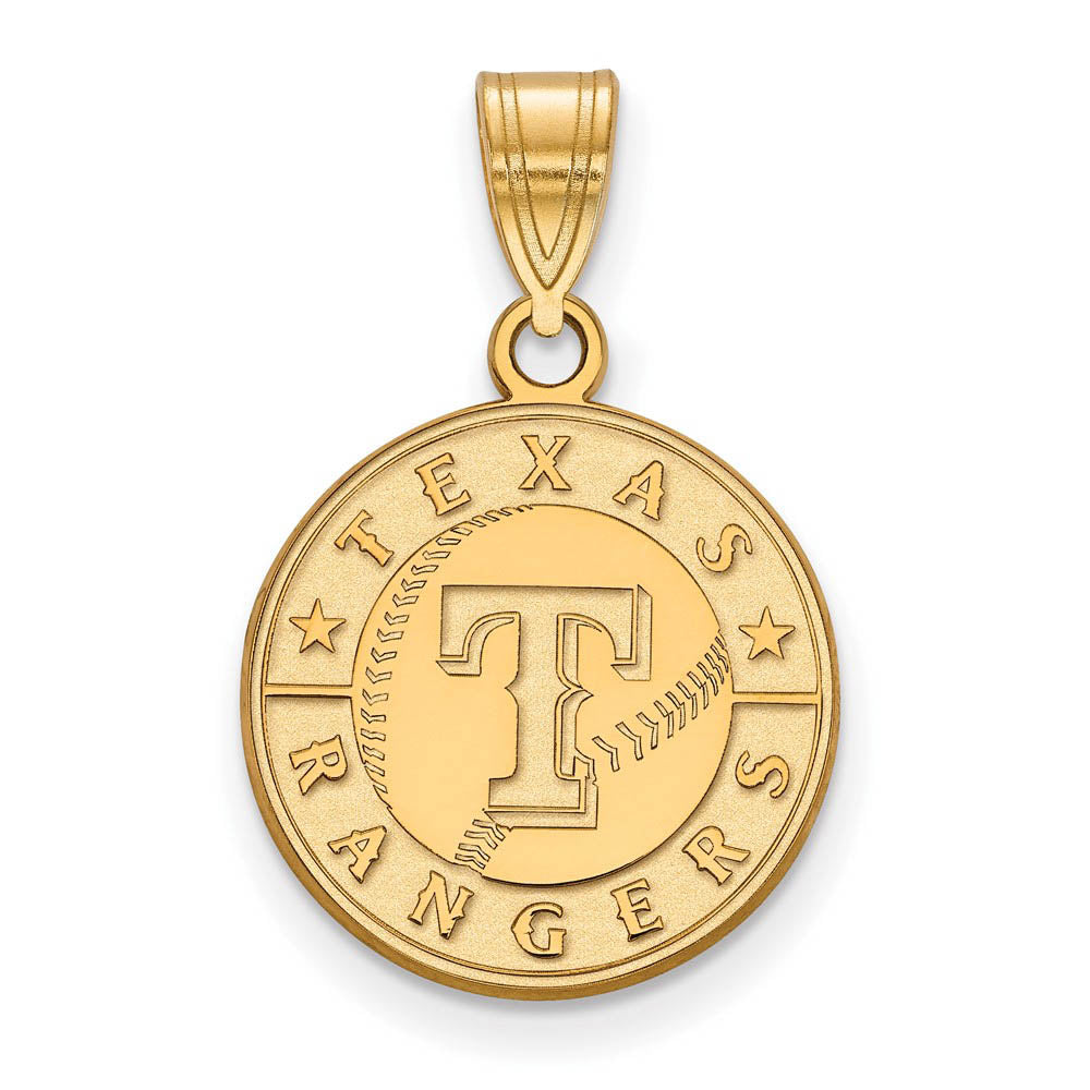 14K Gold Plated Silver MLB Texas Rangers Medium Script Disc Pendant, Item P33267 by The Black Bow Jewelry Co.
