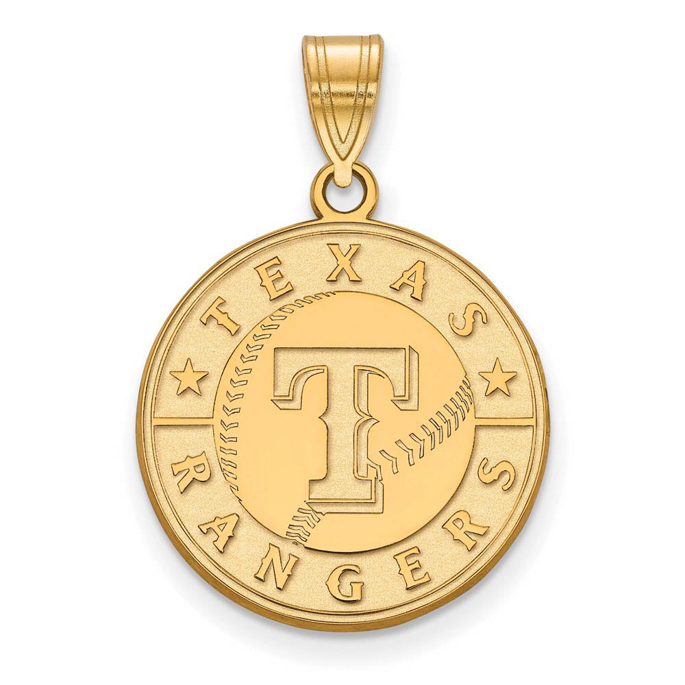 14K Gold Plated Silver MLB Texas Rangers Large Script Disc Pendant, Item P33268 by The Black Bow Jewelry Co.