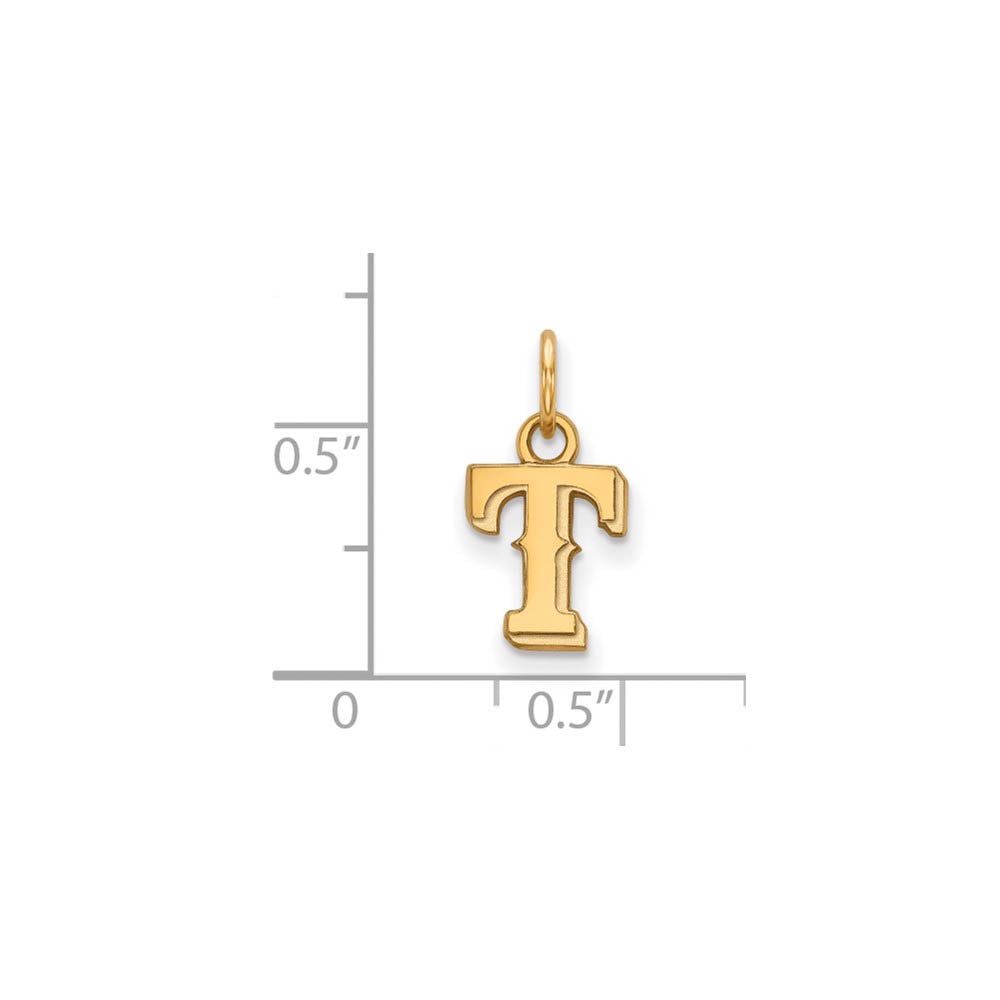 Alternate view of the 14K Gold Plated Silver MLB Texas Rangers XS (Tiny) Letter T Charm by The Black Bow Jewelry Co.