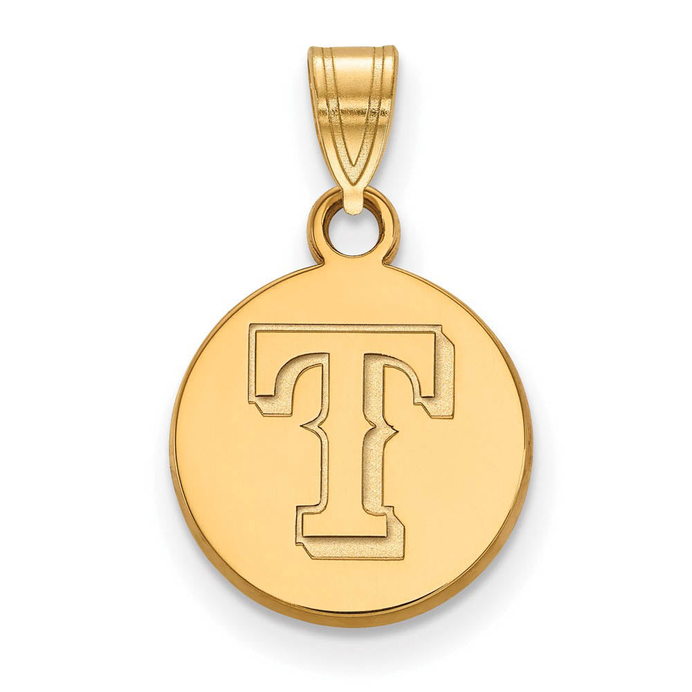 14K Gold Plated Silver MLB Texas Rangers Small Letter T Disc Pendant, Item P33271 by The Black Bow Jewelry Co.