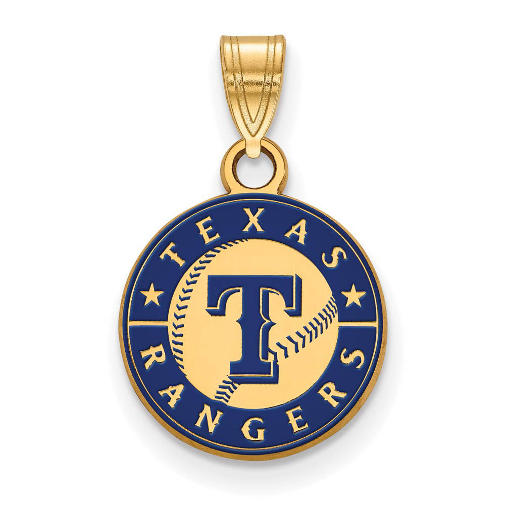14K Gold Plated Silver MLB Texas Rangers SM Enamel Script Disc Pendant, Item P33277 by The Black Bow Jewelry Co.
