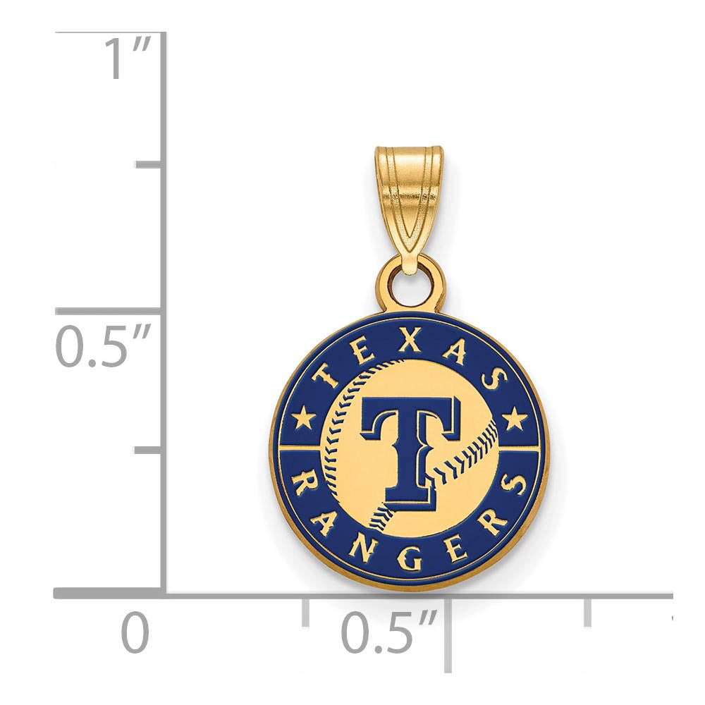 Alternate view of the 14K Gold Plated Silver MLB Texas Rangers SM Enamel Script Disc Pendant by The Black Bow Jewelry Co.