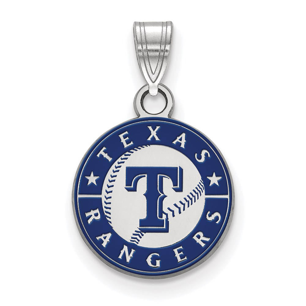 Sterling Silver MLB Texas Rangers Small Enamel Script Disc Pendant, Item P33290 by The Black Bow Jewelry Co.
