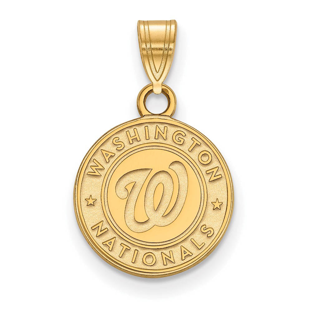14K Yellow Gold MLB Washington Nationals SM Script Logo Disc Pendant, Item P33390 by The Black Bow Jewelry Co.