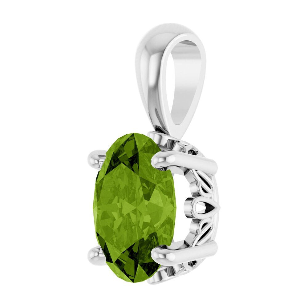 Alternate view of the 14K White Gold Natural Peridot Scroll Pendant, 8x6mm Oval by The Black Bow Jewelry Co.