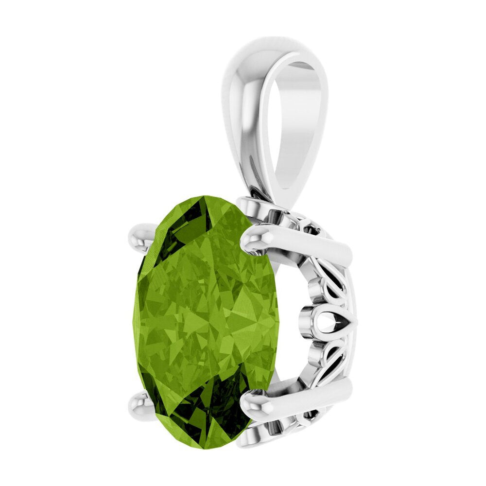 Alternate view of the 14K White Gold Natural Peridot Oval Scroll Pendant by The Black Bow Jewelry Co.