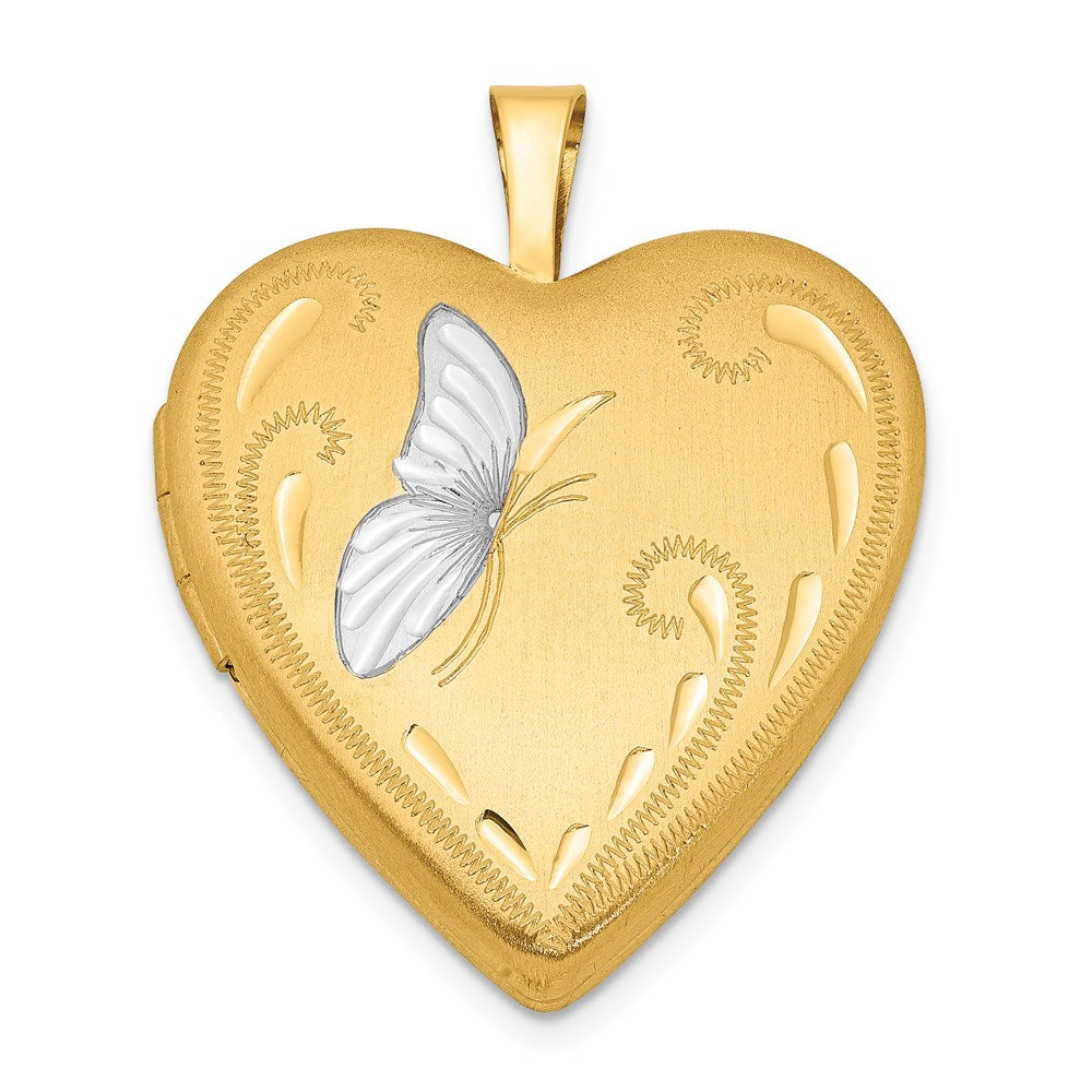 1/20 14K Gold Filled & White Rhodium 19mm Satin Butterfly Heart Locket, Item P33449 by The Black Bow Jewelry Co.