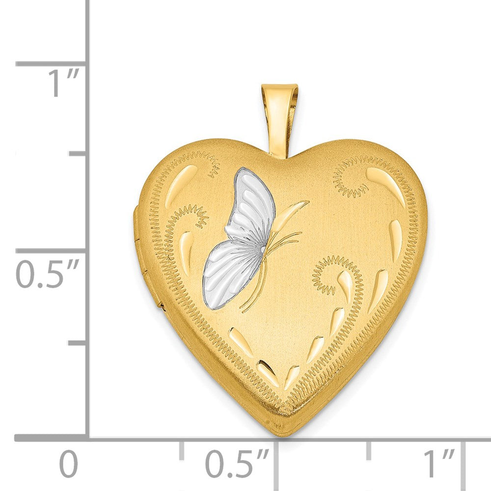 Alternate view of the 1/20 14K Gold Filled & White Rhodium 19mm Satin Butterfly Heart Locket by The Black Bow Jewelry Co.