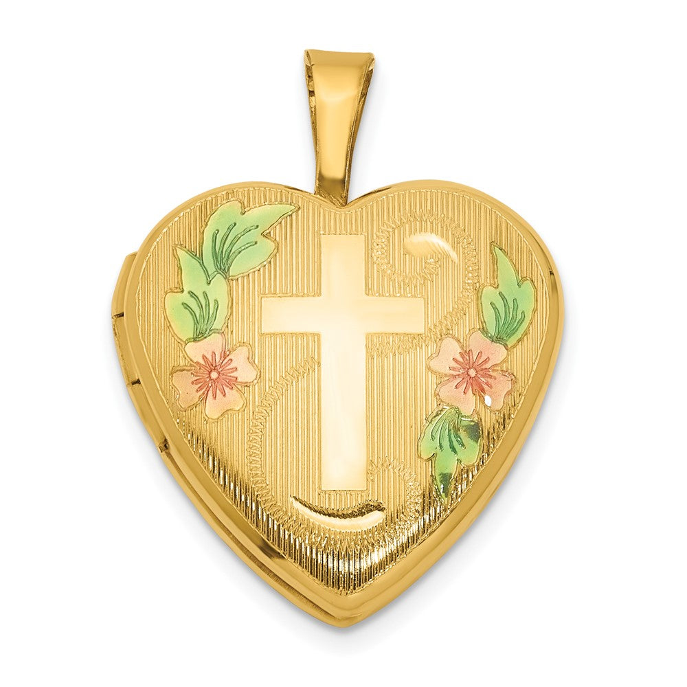1/20 14K Gold Filled & Epoxy 16mm Floral Cross Heart 2 Frame Locket, Item P33456 by The Black Bow Jewelry Co.