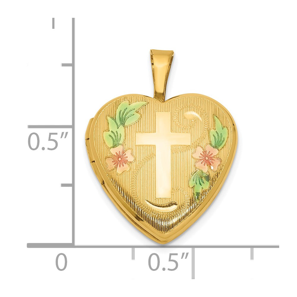 Alternate view of the 1/20 14K Gold Filled & Epoxy 16mm Floral Cross Heart 2 Frame Locket by The Black Bow Jewelry Co.
