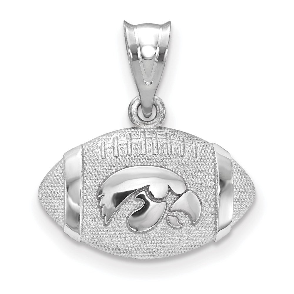 Sterling Silver Rhodium Plated U. of Iowa MD Domed Football Pendant, Item P33684 by The Black Bow Jewelry Co.
