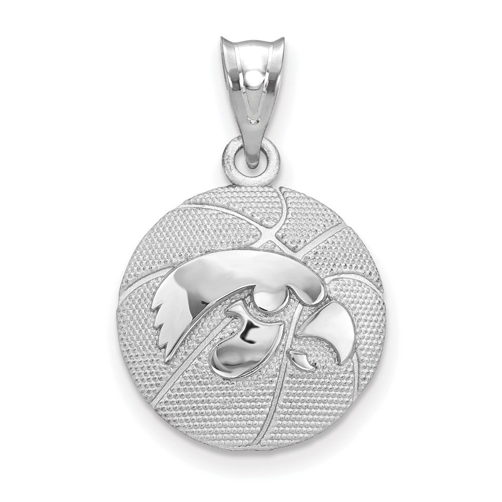 Sterling Silver Rhodium Plated U. of Iowa MD Domed Basketball Pendant, Item P33685 by The Black Bow Jewelry Co.
