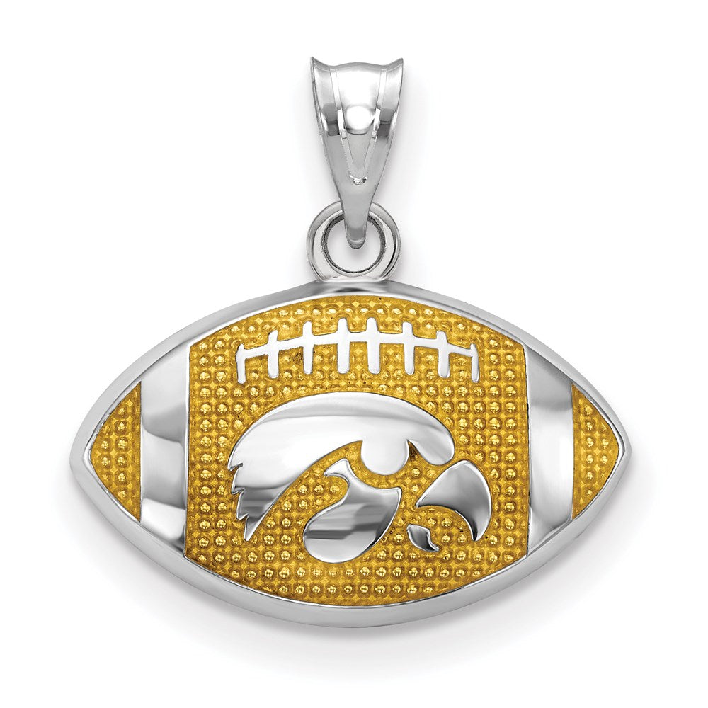 Sterling Silver Rhodium Plated U of Iowa Small Enamel Football Pendant, Item P33686 by The Black Bow Jewelry Co.
