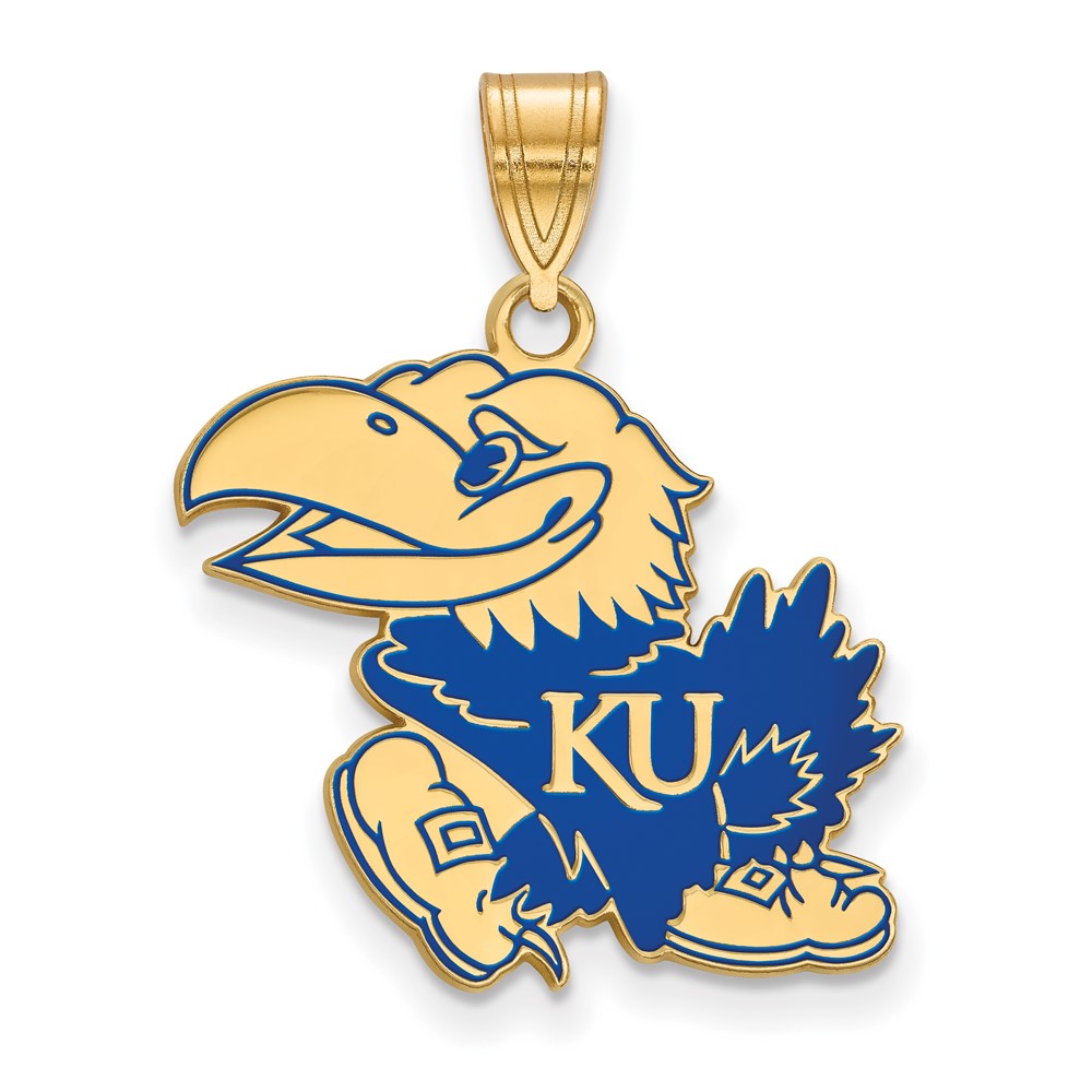 14K Gold Plated Sterling Silver U. of Kansas LG Enamel Mascot Pendant, Item P33689 by The Black Bow Jewelry Co.