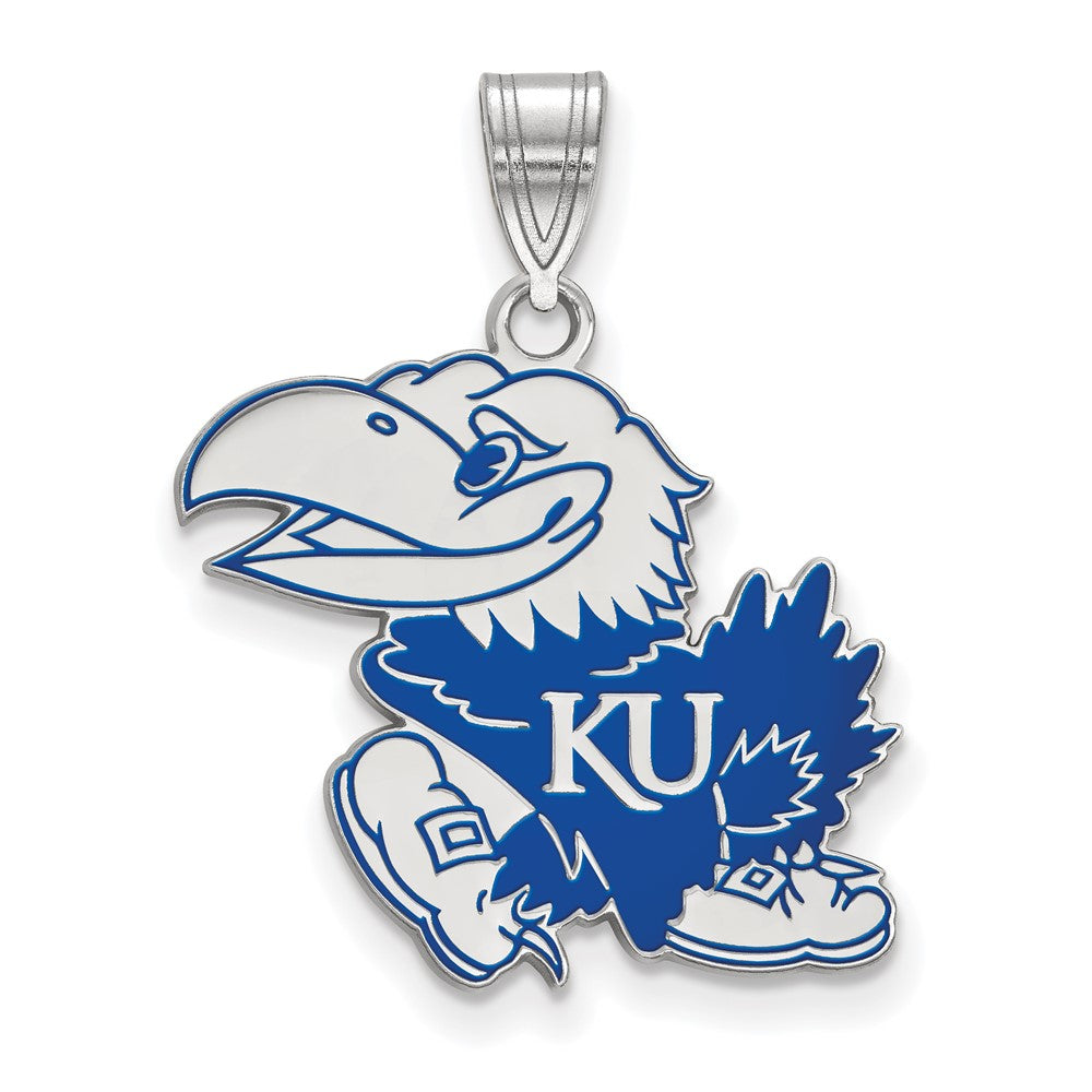 Sterling Silver Rhodium Plated U. of Kansas LG Enamel Mascot Pendant, Item P33691 by The Black Bow Jewelry Co.