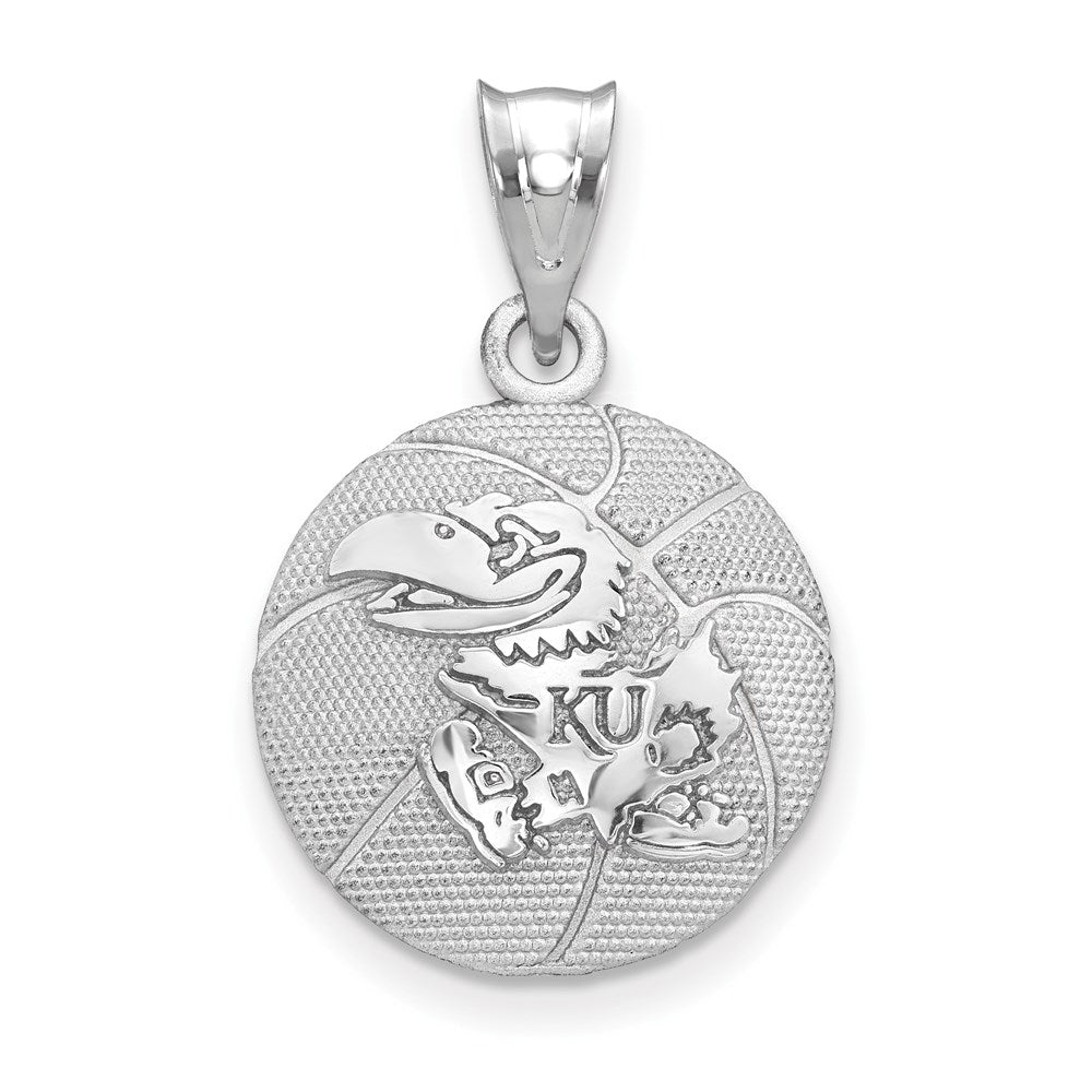 Sterling Silver Rhodium Plated U of Kansas MD Domed Basketball Pendant, Item P33692 by The Black Bow Jewelry Co.