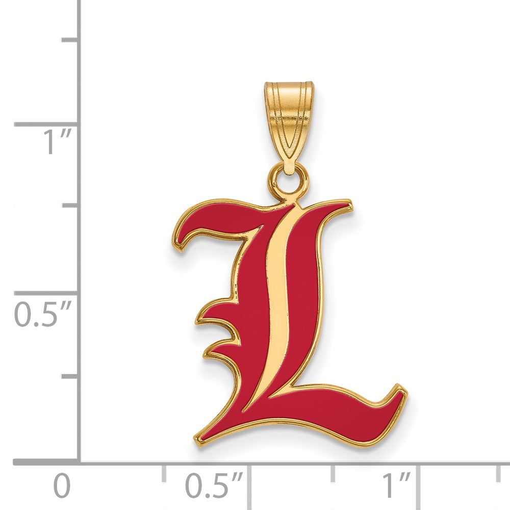 Alternate view of the 14K Gold Plated Sterling Silver U. of Louisville LG Enamel 'L' Pendant by The Black Bow Jewelry Co.