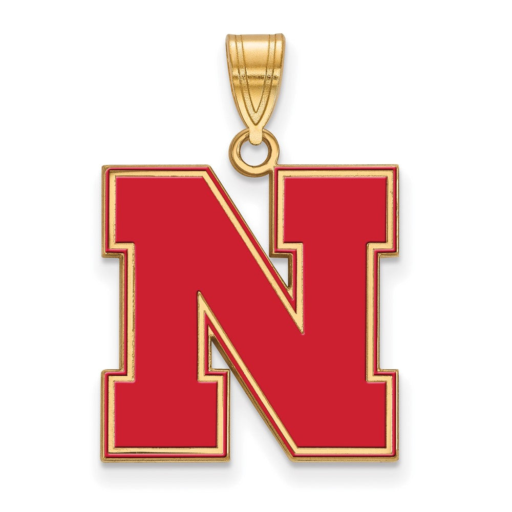 14K Gold Plated Sterling Silver U. of Nebraska LG Enamel 'N' Pendant, Item P33712 by The Black Bow Jewelry Co.