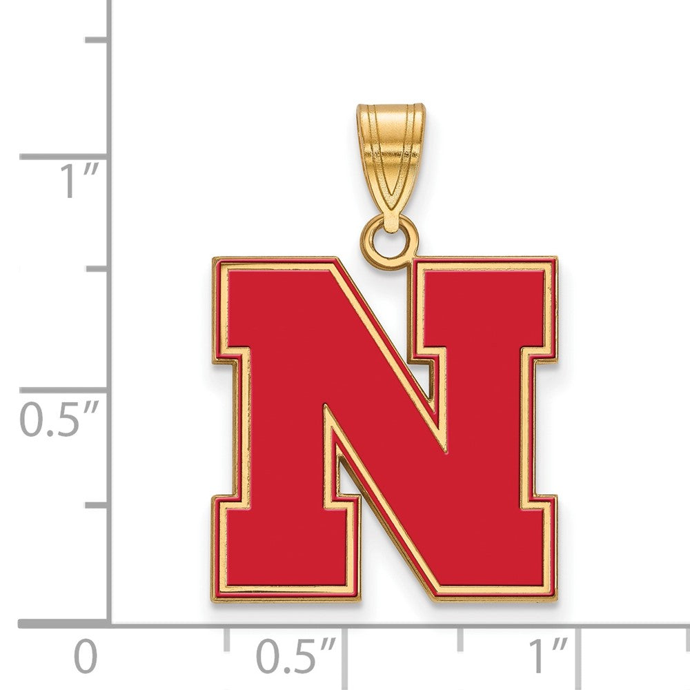 Alternate view of the 14K Gold Plated Sterling Silver U. of Nebraska LG Enamel 'N' Pendant by The Black Bow Jewelry Co.