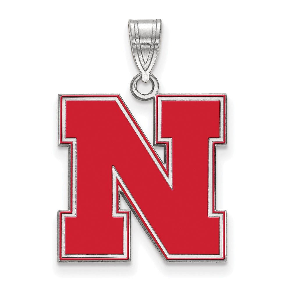 Sterling Silver Rhodium Plated U. of Nebraska LG Enamel 'N' Pendant, Item P33713 by The Black Bow Jewelry Co.