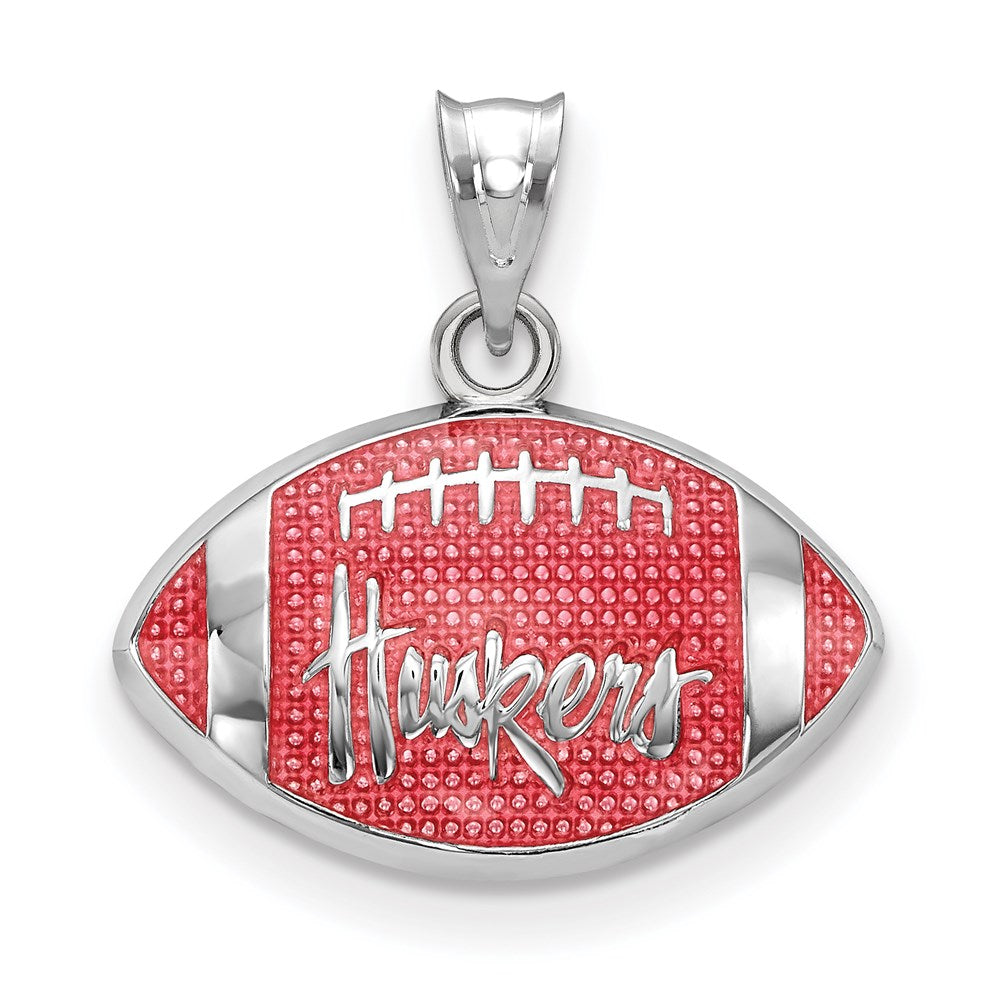 Sterling Silver U. of Nebraska Small Enamel Football Pendant, Item P33715 by The Black Bow Jewelry Co.