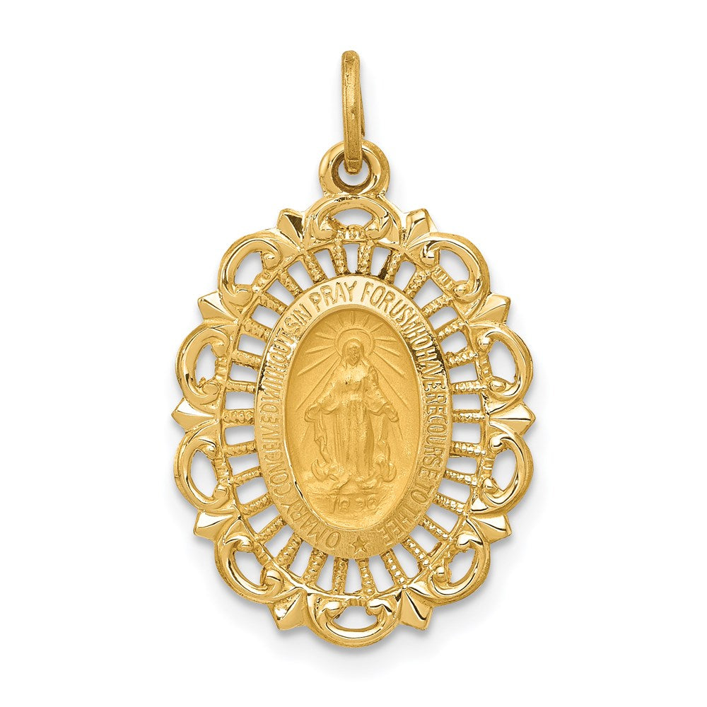 14k Yellow Gold, Oval Filigree Miraculous Medal Charm, 15 x 25mm, Item P8348 by The Black Bow Jewelry Co.