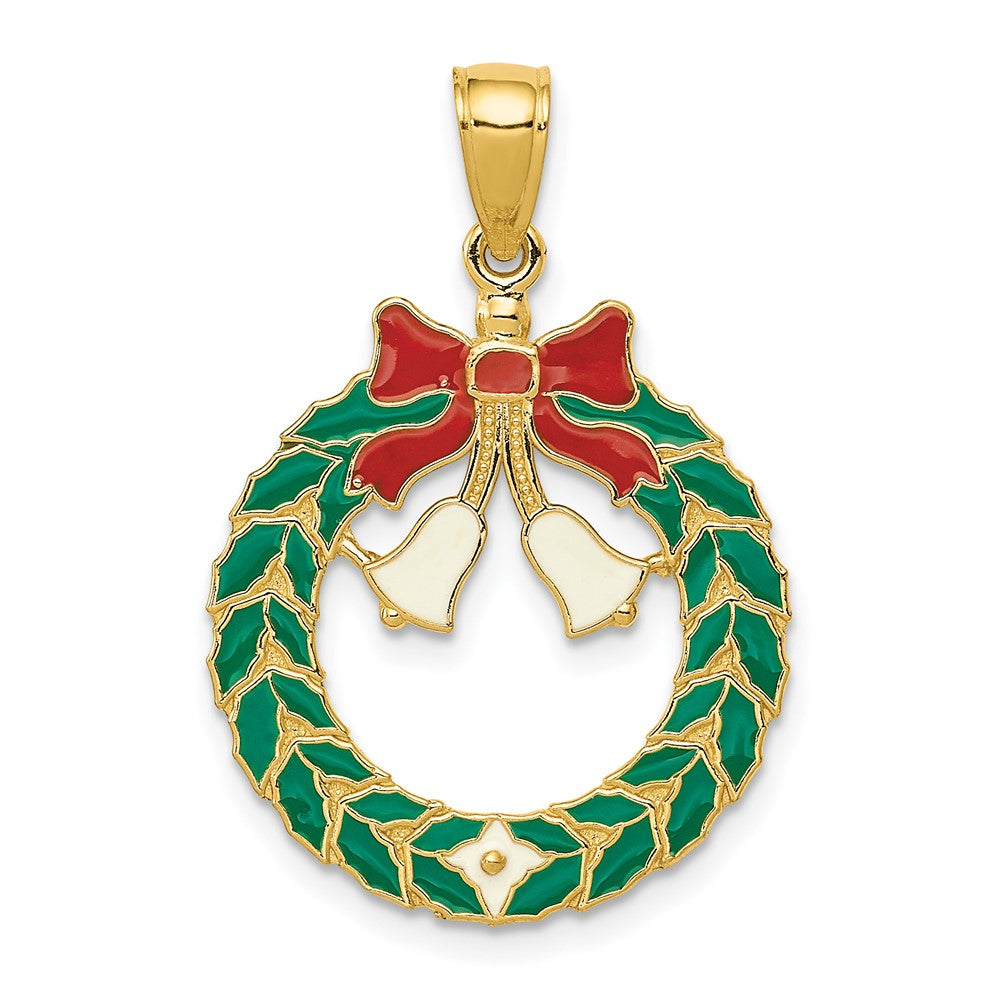 14k Yellow Gold, Enameled Christmas Wreath Pendant, Item P8477 by The Black Bow Jewelry Co.