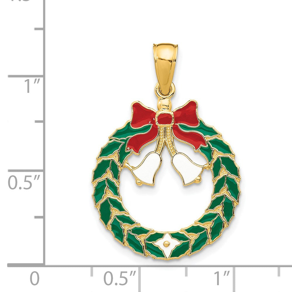 Alternate view of the 14k Yellow Gold, Enameled Christmas Wreath Pendant by The Black Bow Jewelry Co.