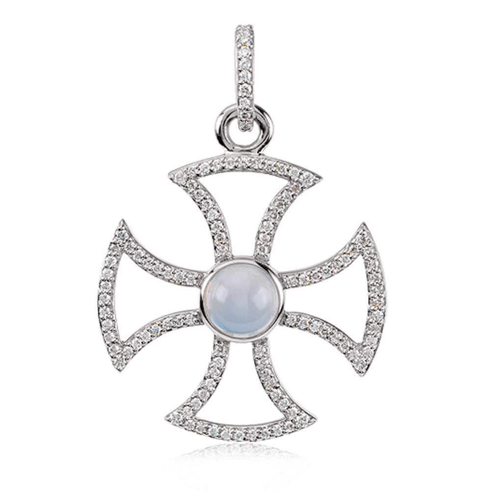 14k White Gold .75 Ctw Diamond & Chalcedony Maltese Cross Pendant, Item P8661 by The Black Bow Jewelry Co.