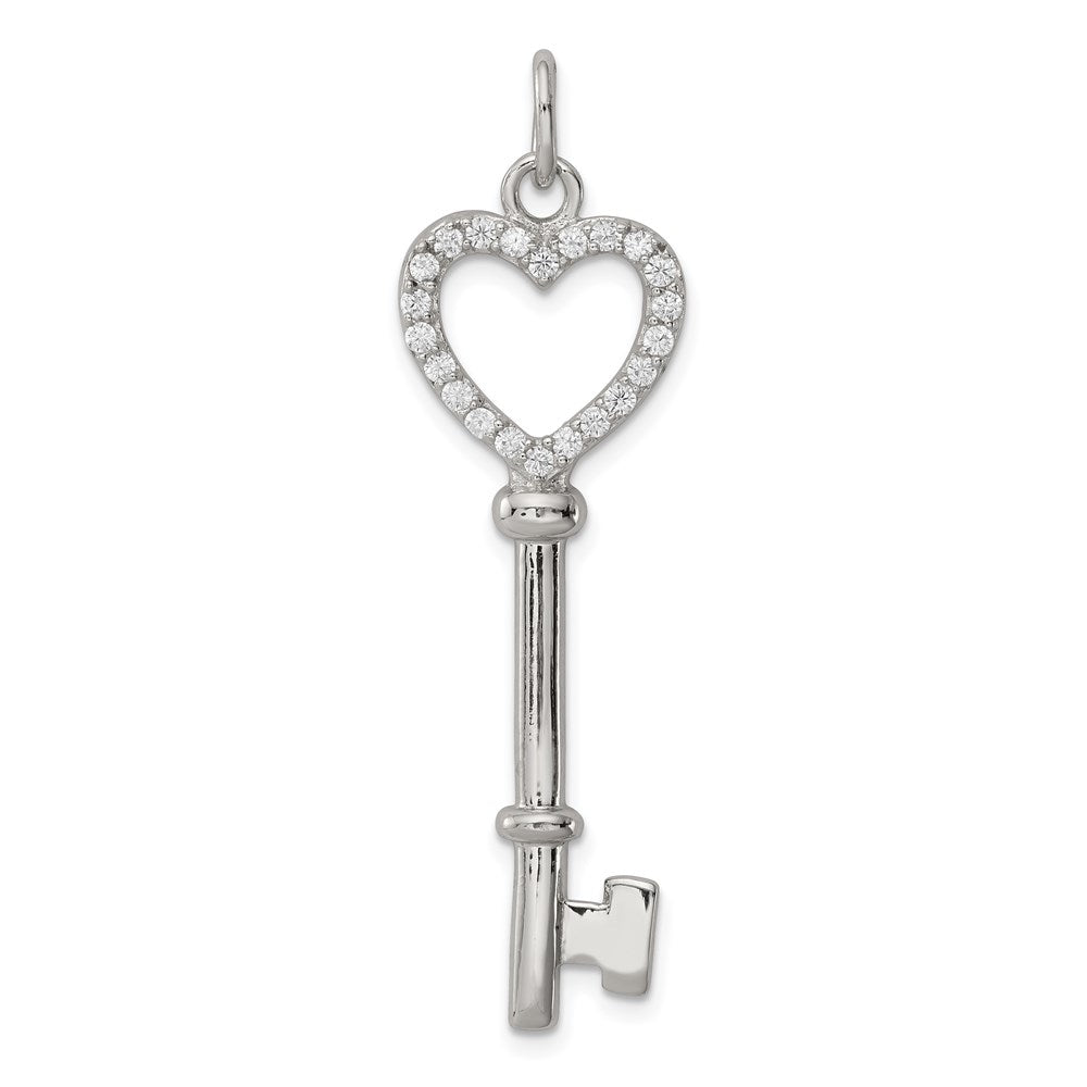 Rhodium Plated Sterling Silver and CZ Encrusted Heart Key Pendant, Item P8719 by The Black Bow Jewelry Co.
