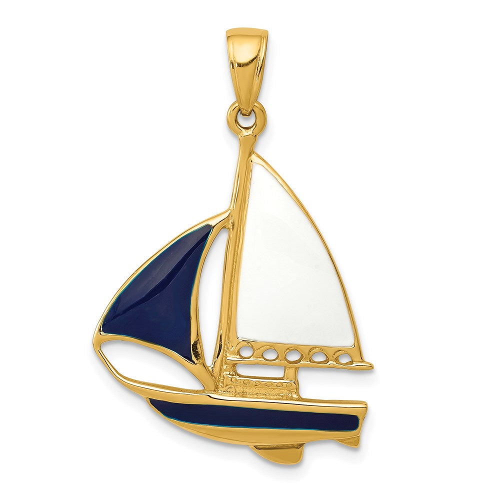 14k Yellow Gold, Blue and White Enameled 2D Sailboat Pendant, Item P9263 by The Black Bow Jewelry Co.