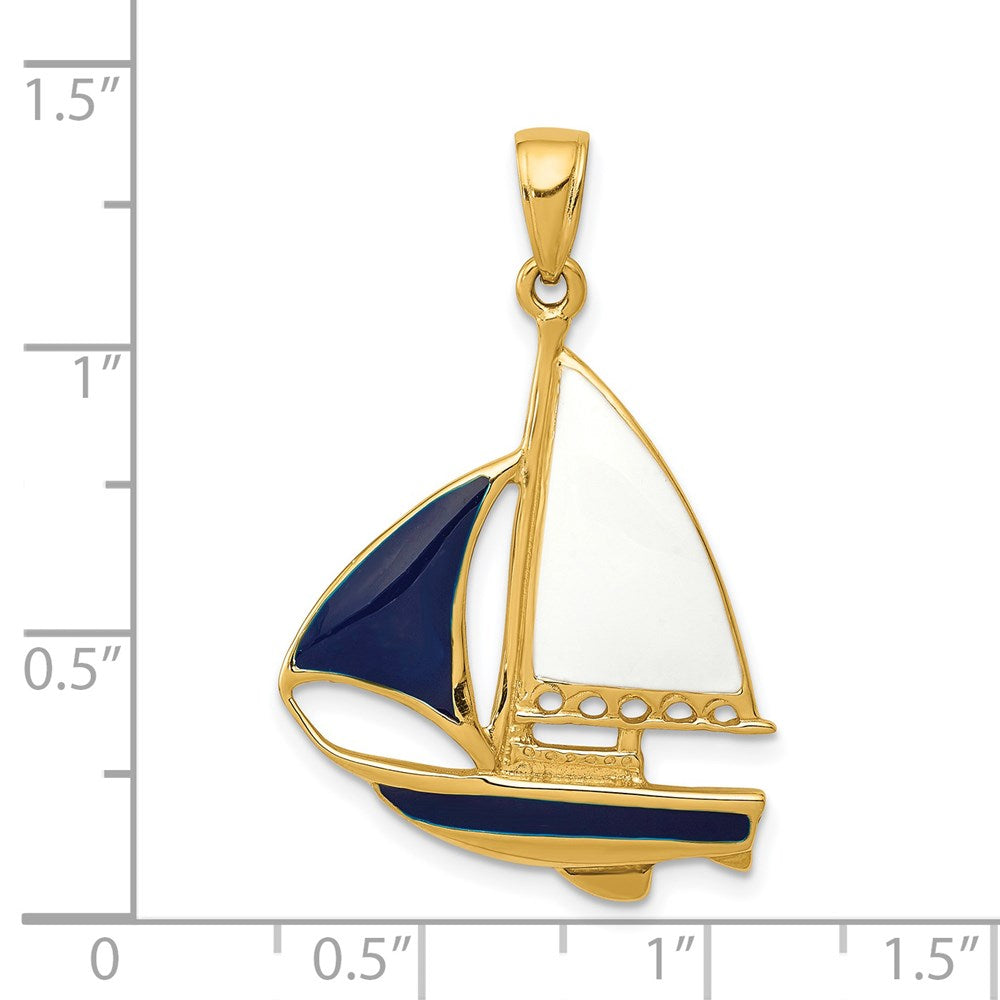 Alternate view of the 14k Yellow Gold, Blue and White Enameled 2D Sailboat Pendant by The Black Bow Jewelry Co.
