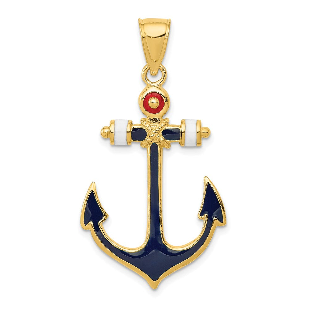 14k Yellow Gold Red, White and Blue Enameled Anchor Pendant, Item P9299 by The Black Bow Jewelry Co.