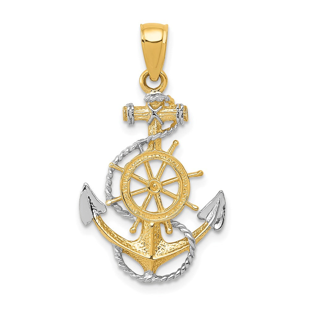 14k Yellow Gold &amp; White Rhodium Anchor, Ship&#39;s Wheel &amp; Rope Pendant, Item P9317 by The Black Bow Jewelry Co.