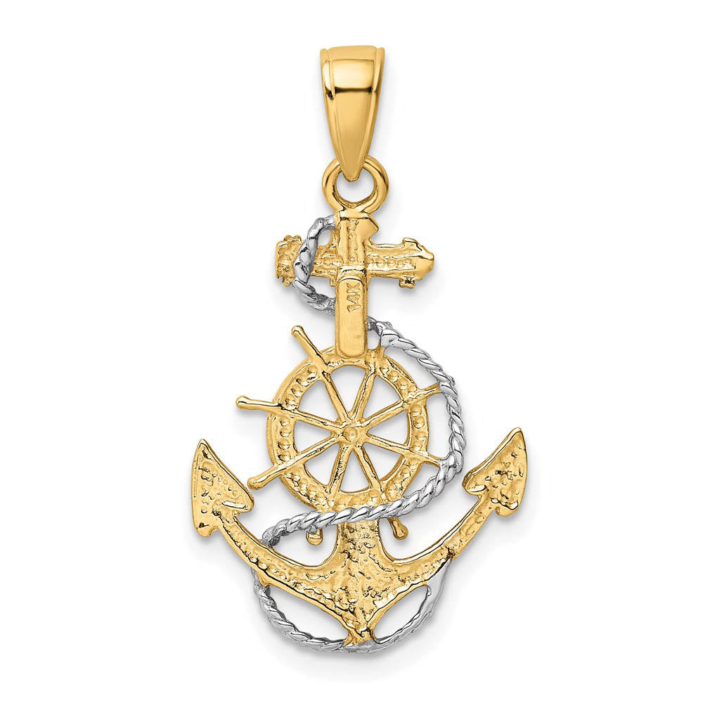 Alternate view of the 14k Yellow Gold &amp; White Rhodium Anchor, Ship&#39;s Wheel &amp; Rope Pendant by The Black Bow Jewelry Co.