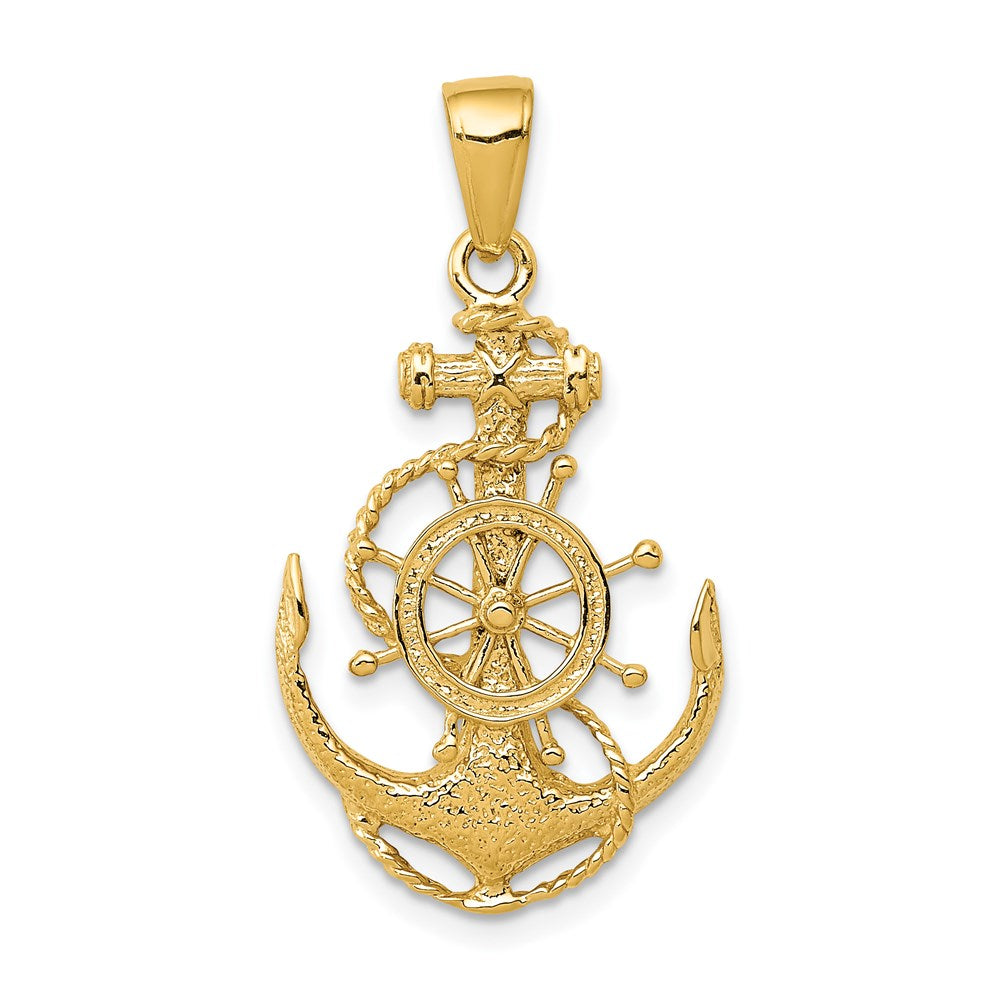 14k Yellow Gold Medium Anchor, Ship&#39;s Wheel and Rope Pendant, Item P9318 by The Black Bow Jewelry Co.