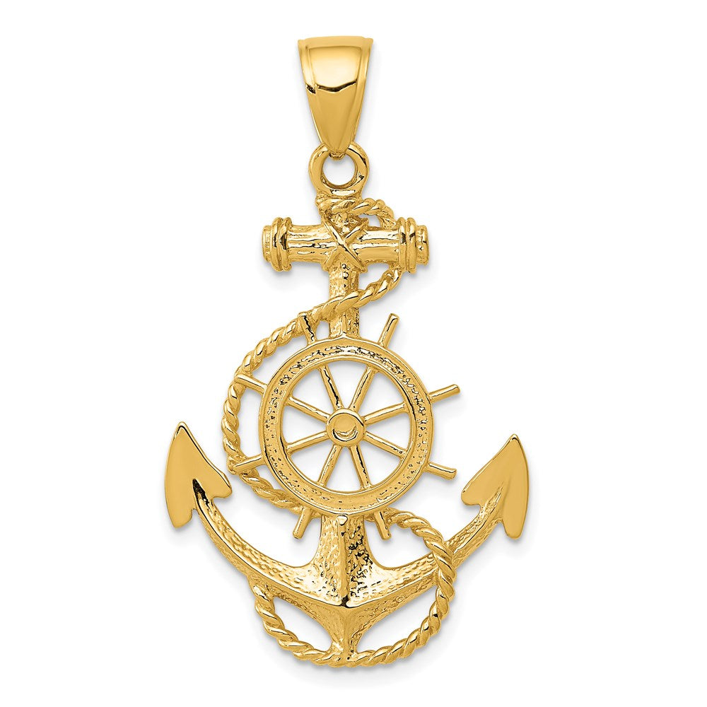 14k Yellow Gold Large Anchor, Ship's Wheel and Rope Pendant