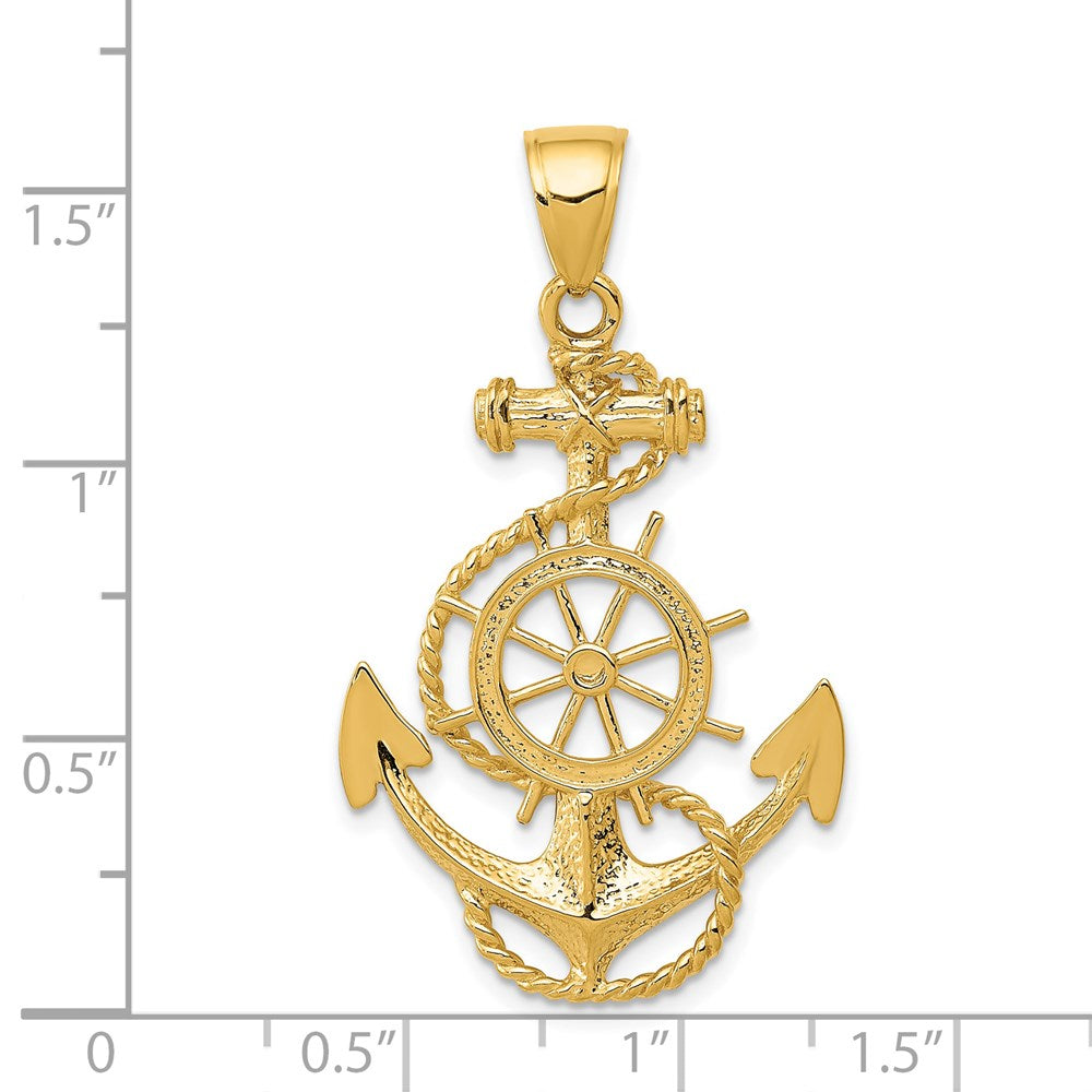 14k Yellow Gold Large Anchor, Ship's Wheel and Rope Pendant