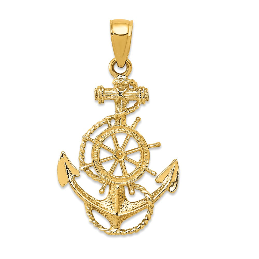 14k Yellow Gold Small Anchor, Ship&#39;s Wheel with Rope Pendant, Item P9324 by The Black Bow Jewelry Co.