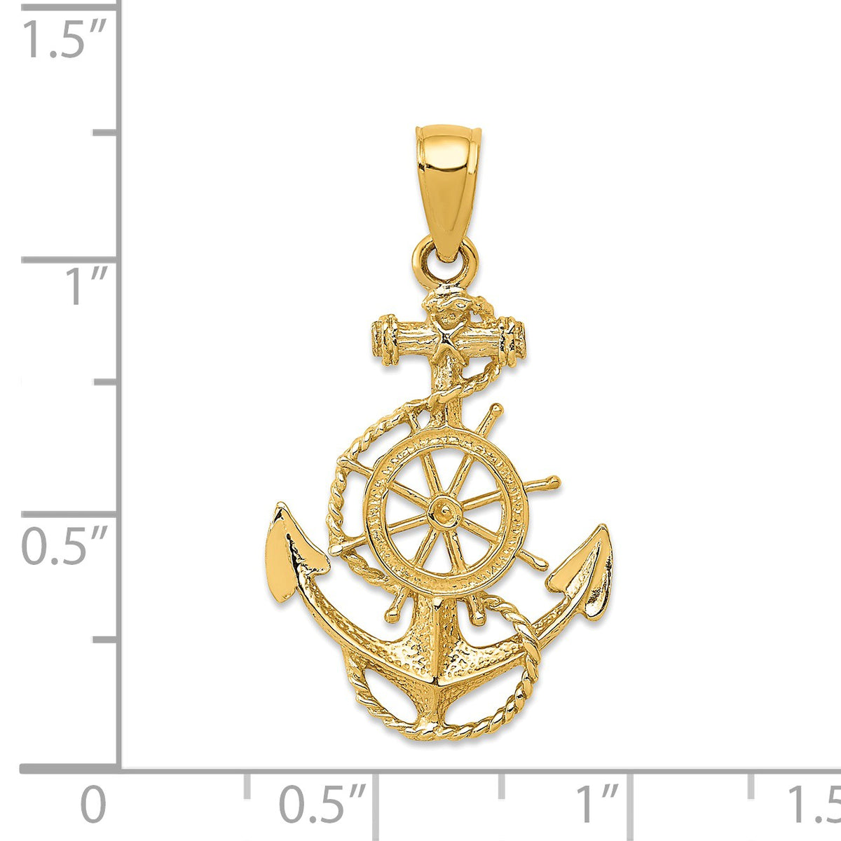 Alternate view of the 14k Yellow Gold Small Anchor, Ship&#39;s Wheel with Rope Pendant by The Black Bow Jewelry Co.