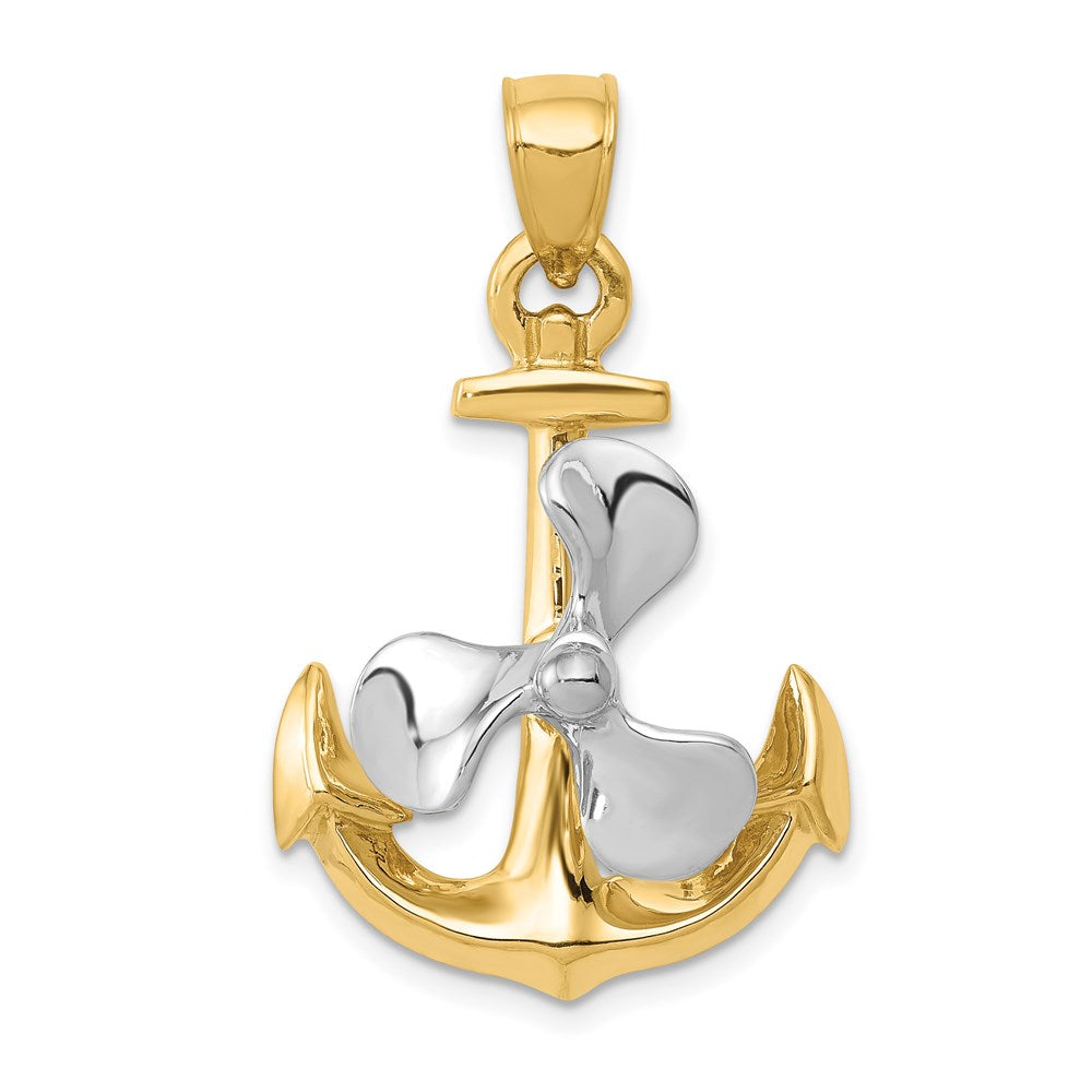 14k Two Tone Gold Polished Anchor and Spinning Propeller Pendant, Item P9325 by The Black Bow Jewelry Co.