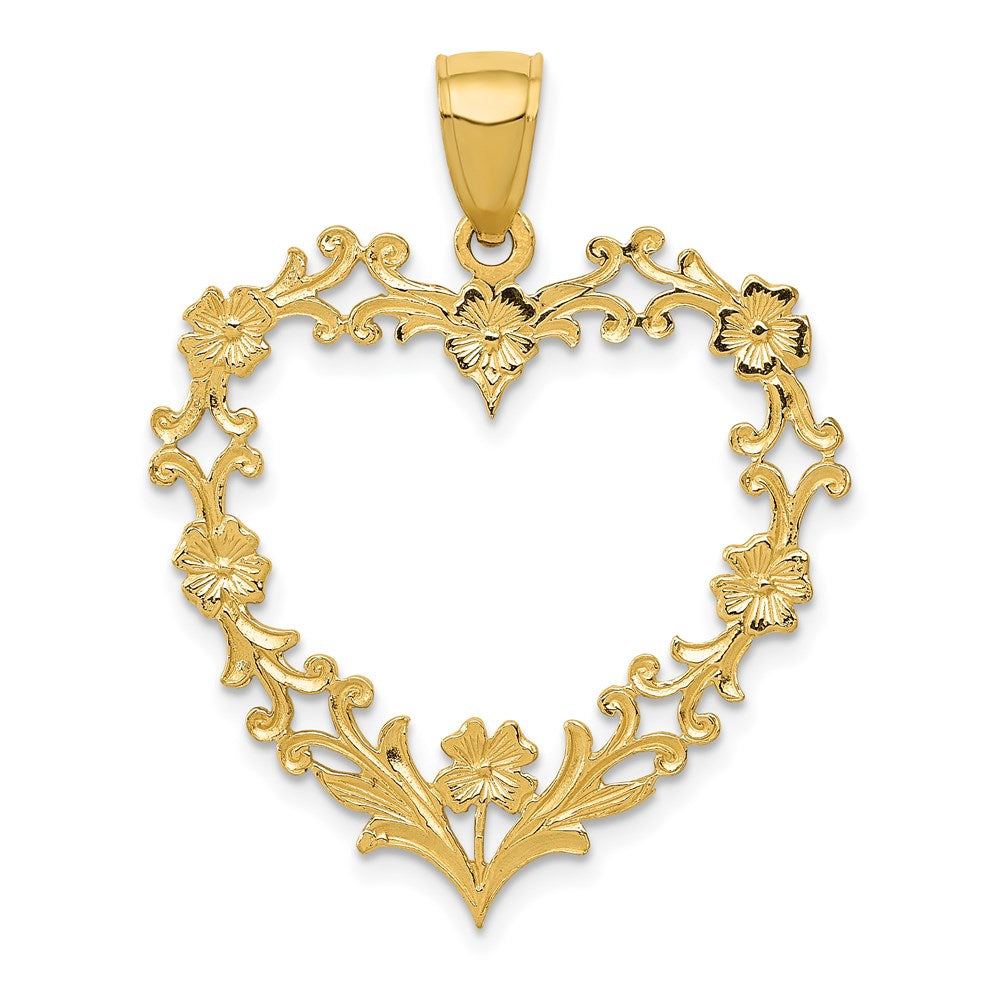 14k Yellow Gold Floral Cutout Heart Pendant, 26mm, Item P9367 by The Black Bow Jewelry Co.