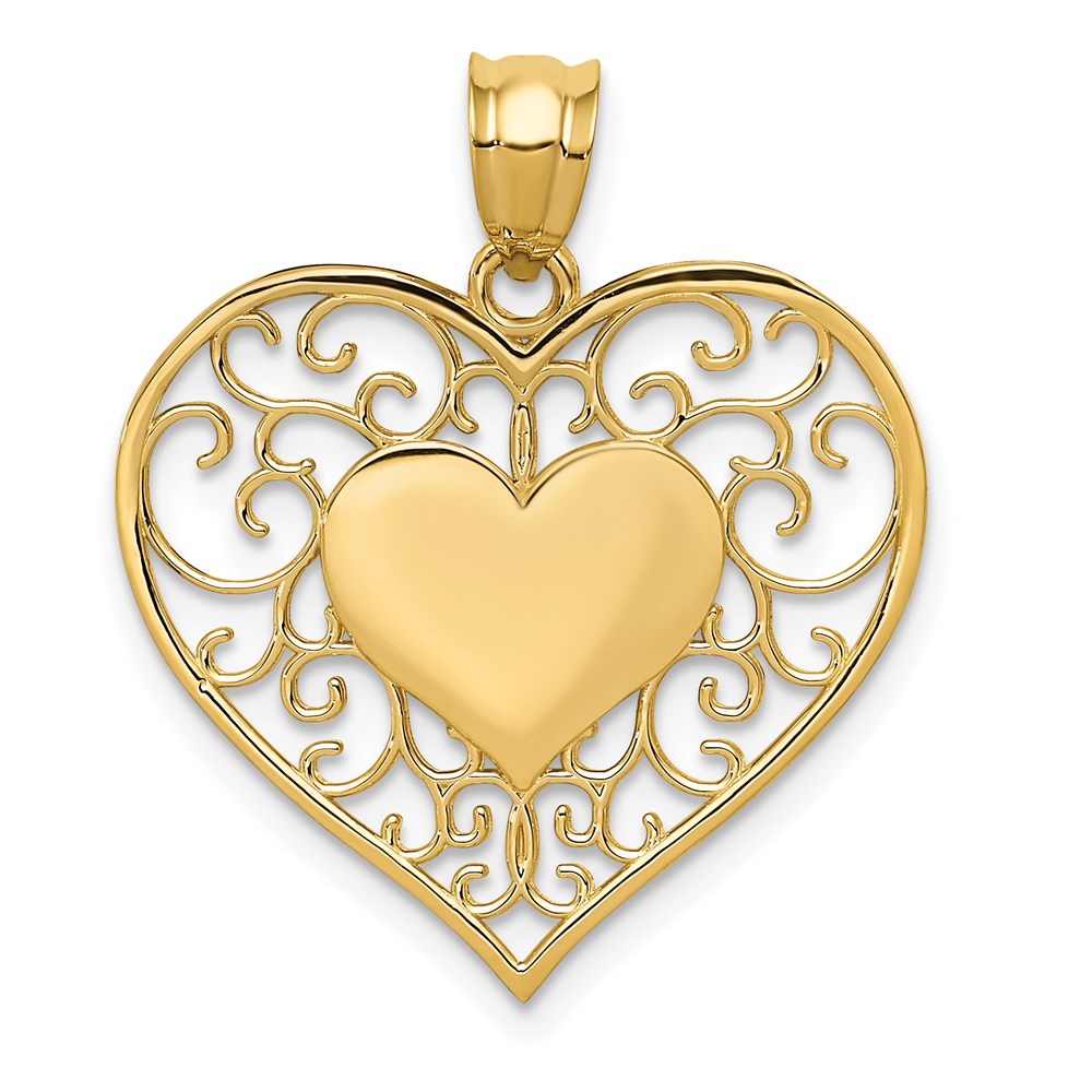 14k Yellow Gold Heart in Heart Filigree Pendant, Item P9382 by The Black Bow Jewelry Co.