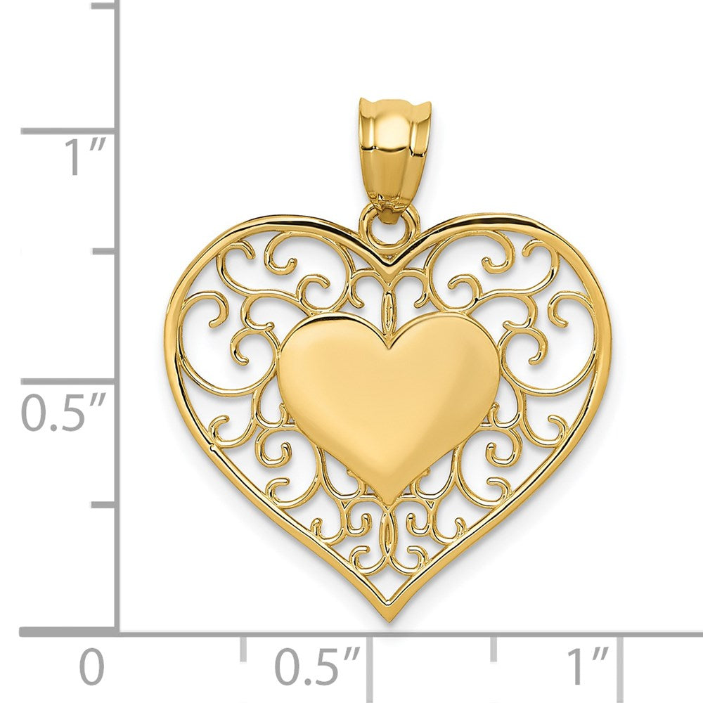 Alternate view of the 14k Yellow Gold Heart in Heart Filigree Pendant by The Black Bow Jewelry Co.